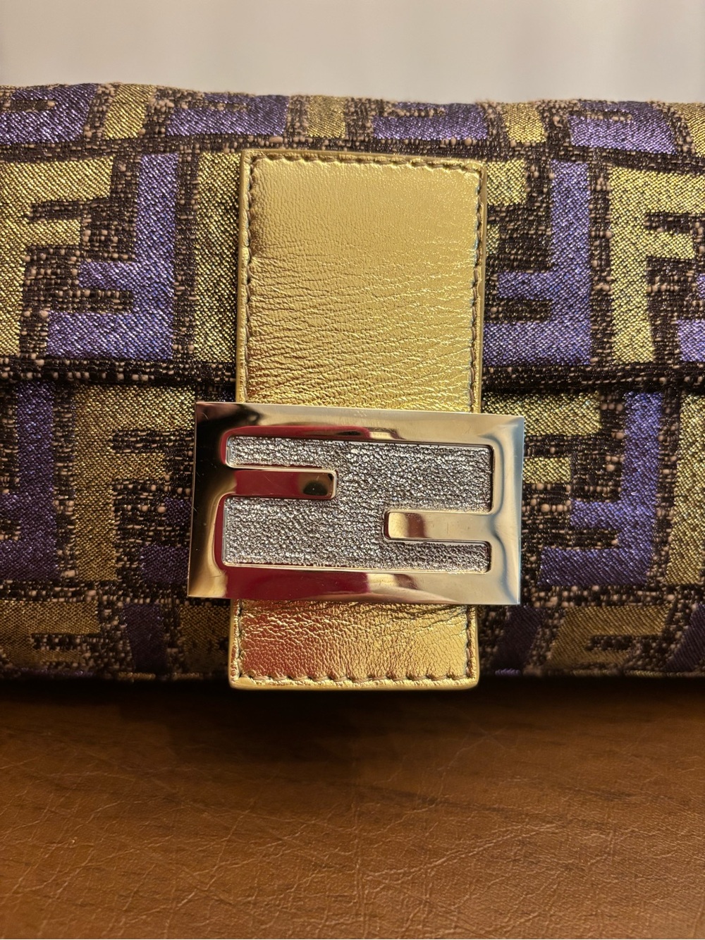 Authentic Fendi Purple and Gold FF Baguette Shoulder Bag with crystal buckle - Picture 5 of 9
